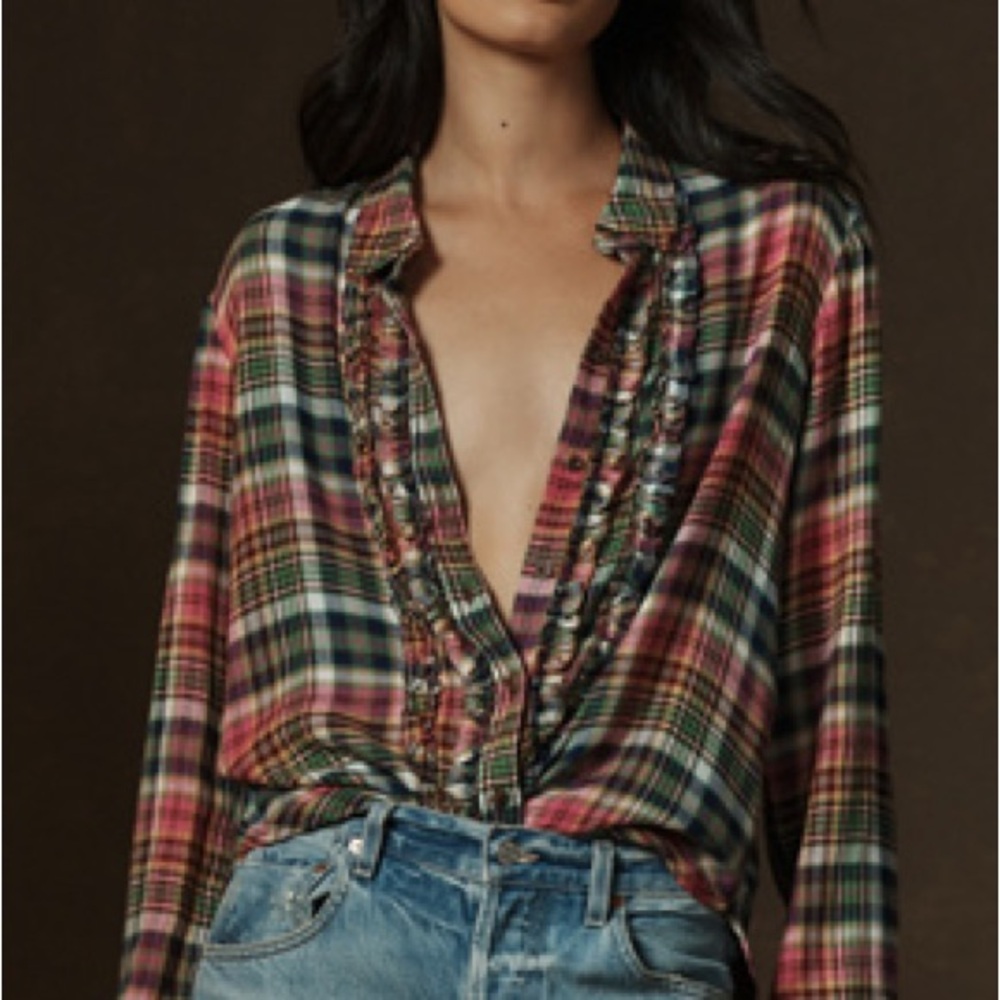 Pilcro Long-Sleeve Tuxedo Ruffle Buttondown Shirt (Pink Combo Plaid)